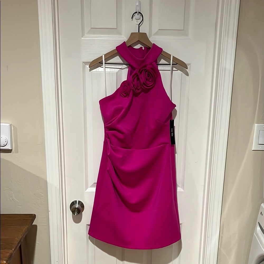 NWT Women’s Elegant Hot Pink Flower Design Mini Dress, Size 12